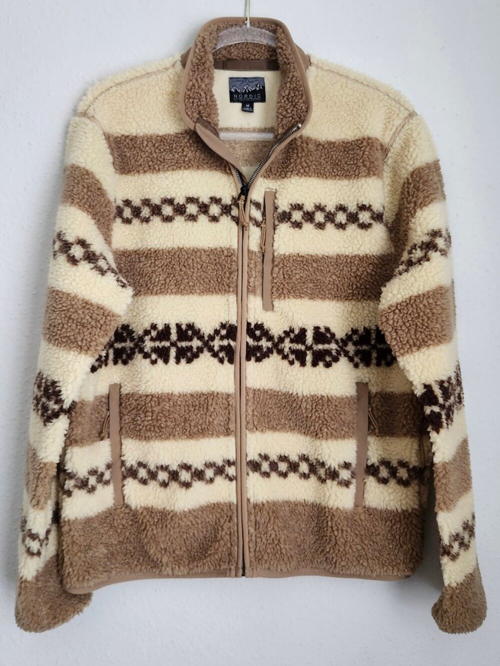 J.CREW Nordic Fair-Isle Sherpa Fleece Full-Zip Brown/Cream Striped Jacket M